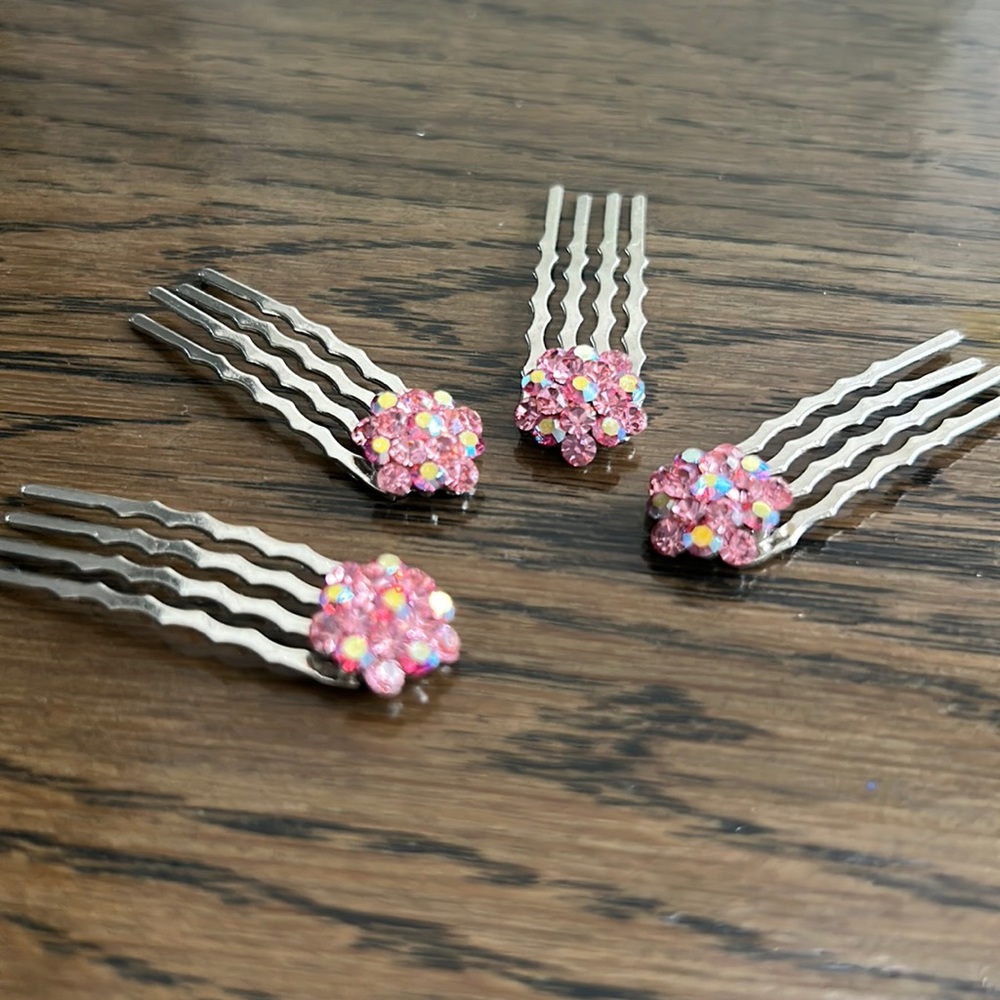 NEW ~ PINK CRYSTAL FLOWER BUN PINS